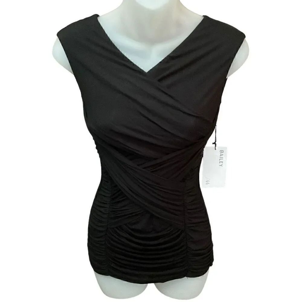 Bailey 44 Blouse V-Neck Ruched Draped Front Black Sleeveless Stretch Size XS